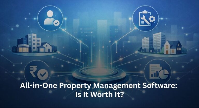 Property management software dashboard showing AI analytics, tenant management tools, rent tracking, and cloud-based real estate management system interface.