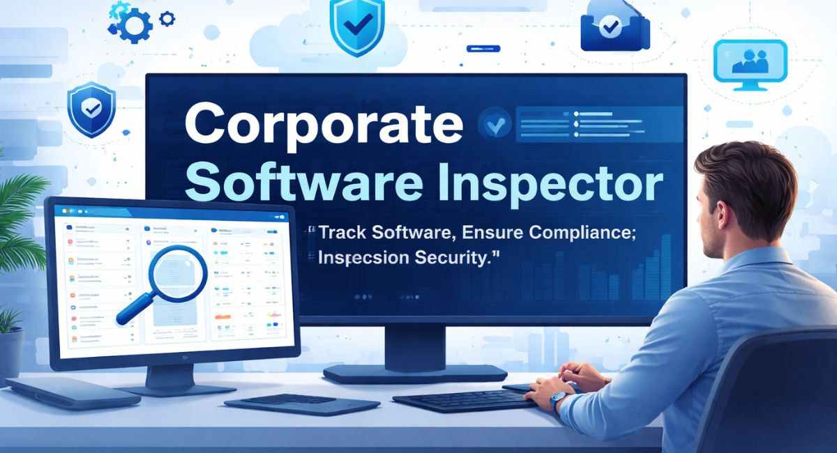 Corporate Software Inspector dashboard showing cybersecurity scanning of business devices, detecting outdated software, vulnerabilities, and security patch management alerts