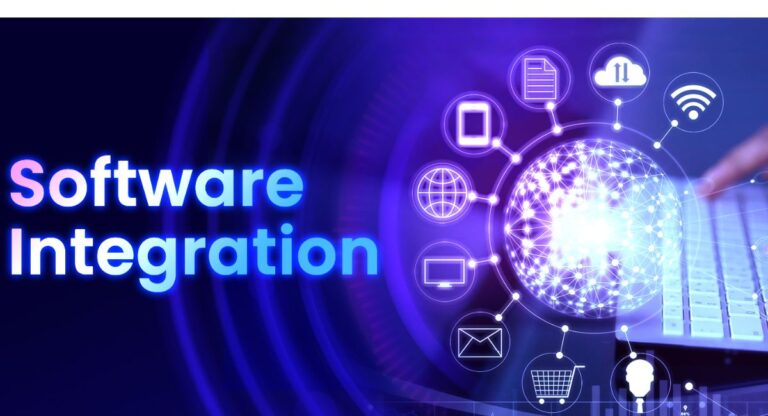 Diagram explaining what is software integration showing multiple applications connected together for data sharing and system communication.