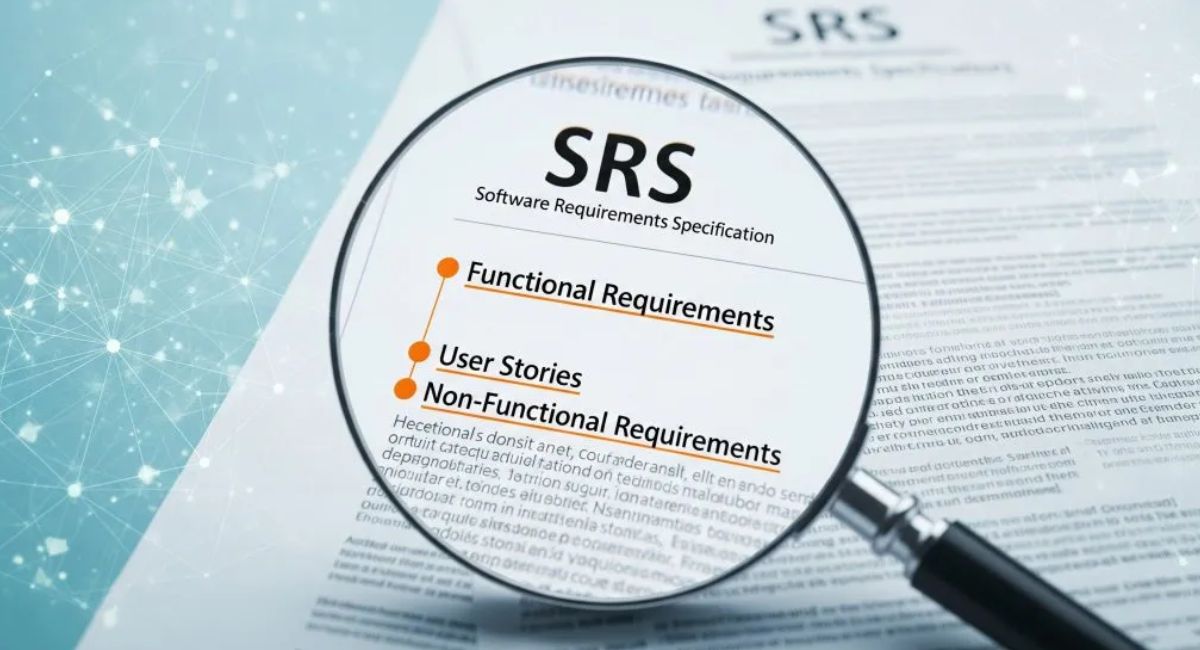 What is software specifications concept showing software development requirements, system documentation, coding structure, and technical planning process on computer screen.