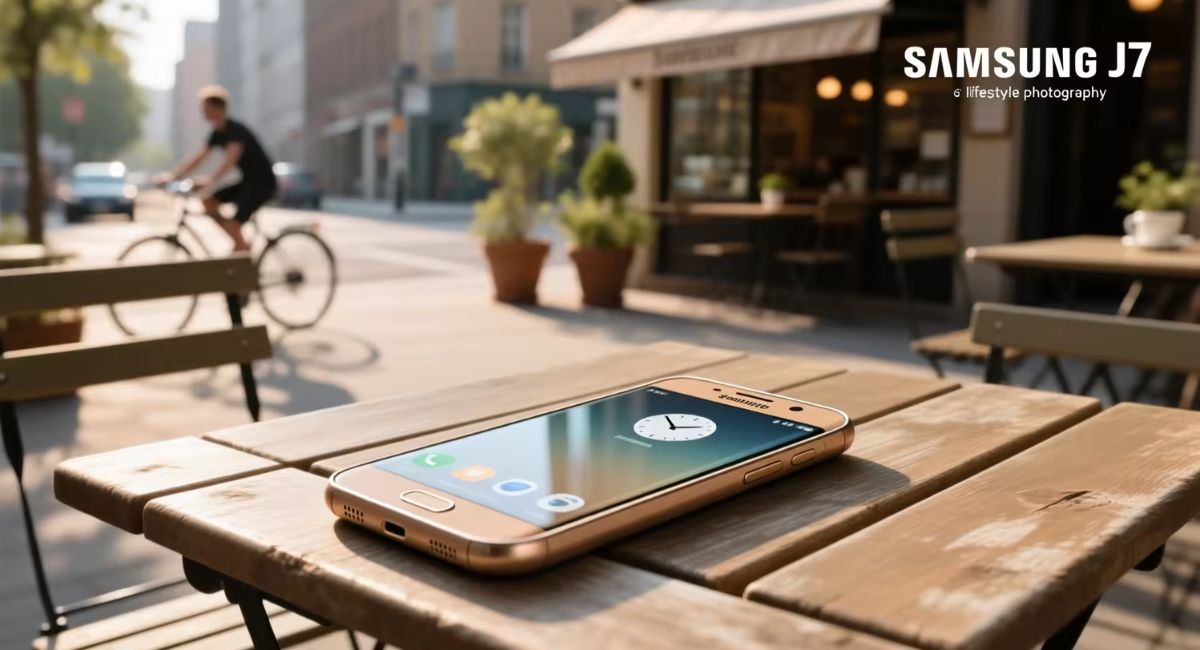 Samsung J7 software update process showing settings menu with software update option, download screen, and installation progress for Android system update
