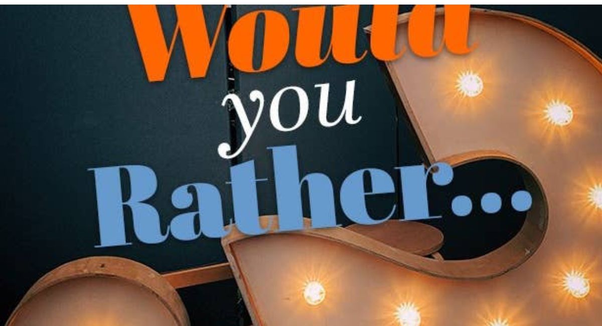 Adults playing a fun Would You Rather question game with friends during a conversation or social gathering.